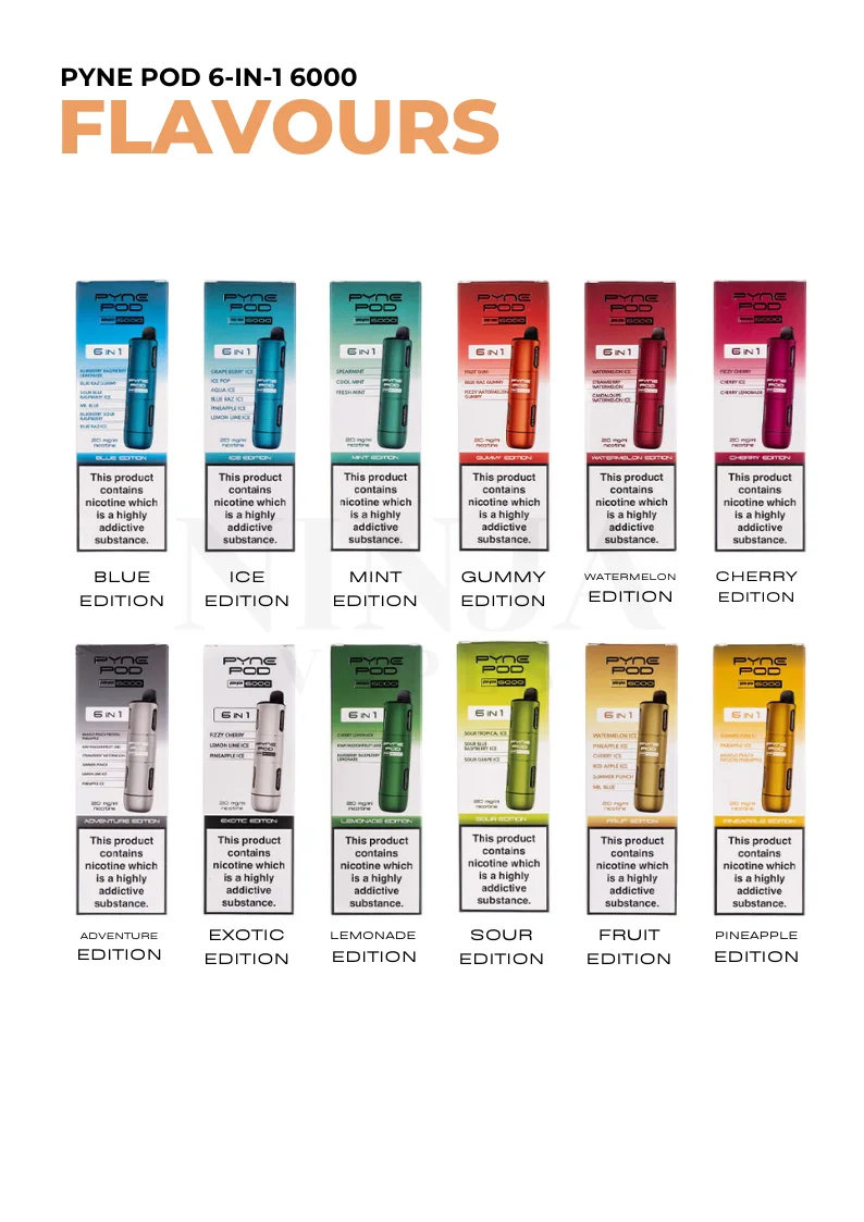 Available Flavours For PYNE POD 6-in-1 6000 Puffs Vape Kit