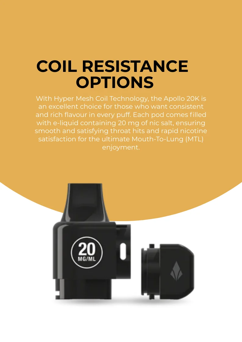 Apollo 20K Prefilled Refill Pods Resistance Options