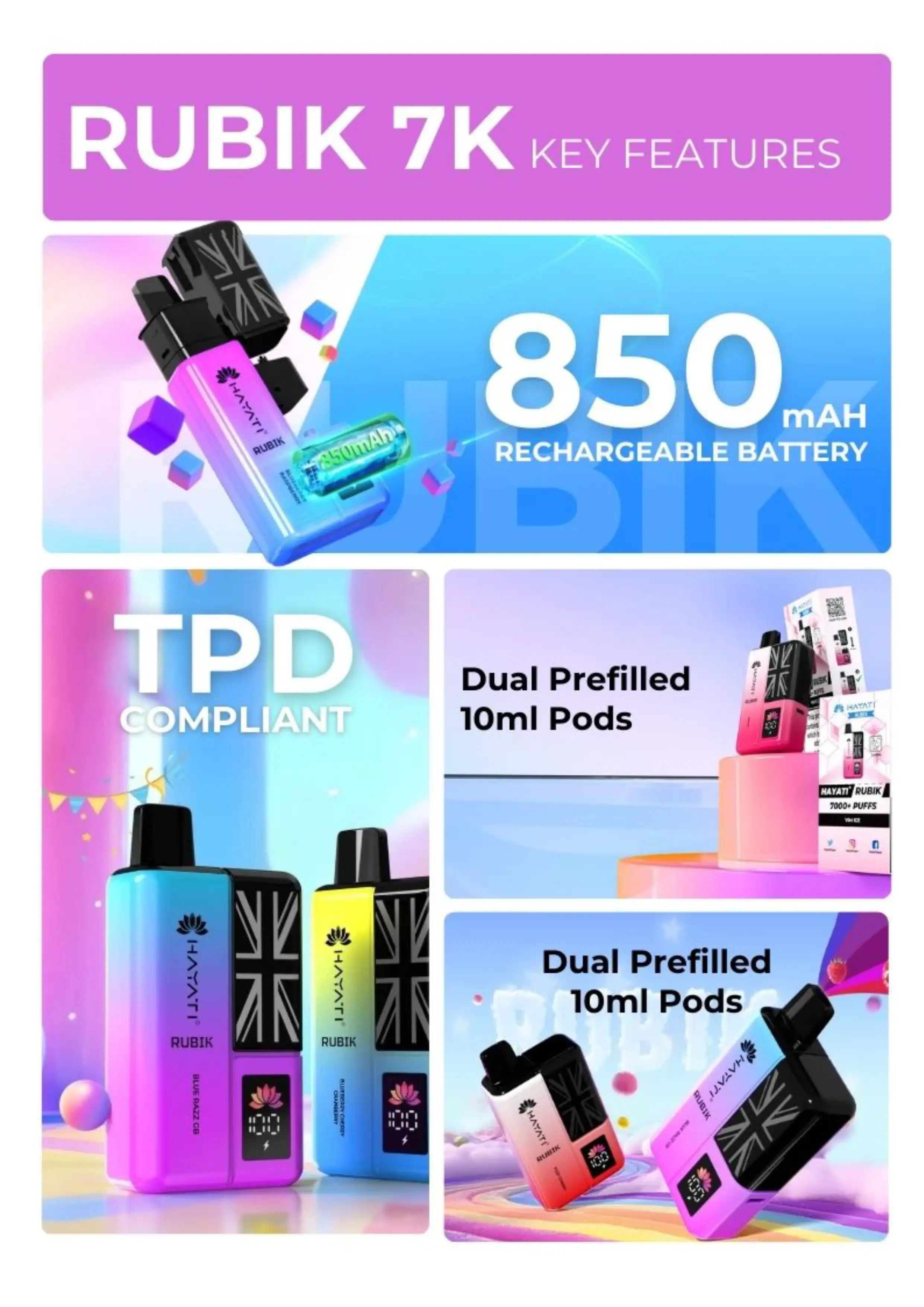 Key Features of Hayati Rubik 7000 Puffs Vape