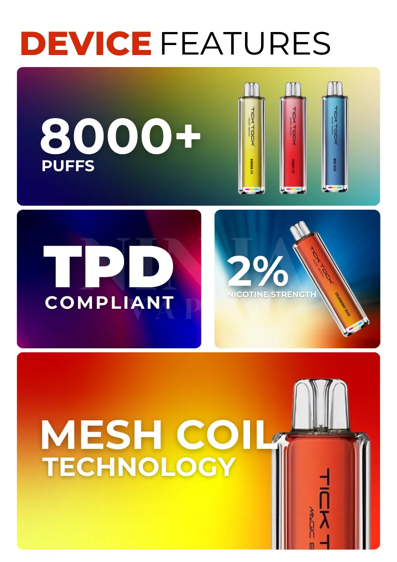 Key Specifications of Tick Tock Magic 8000 Puffs Vape Kit